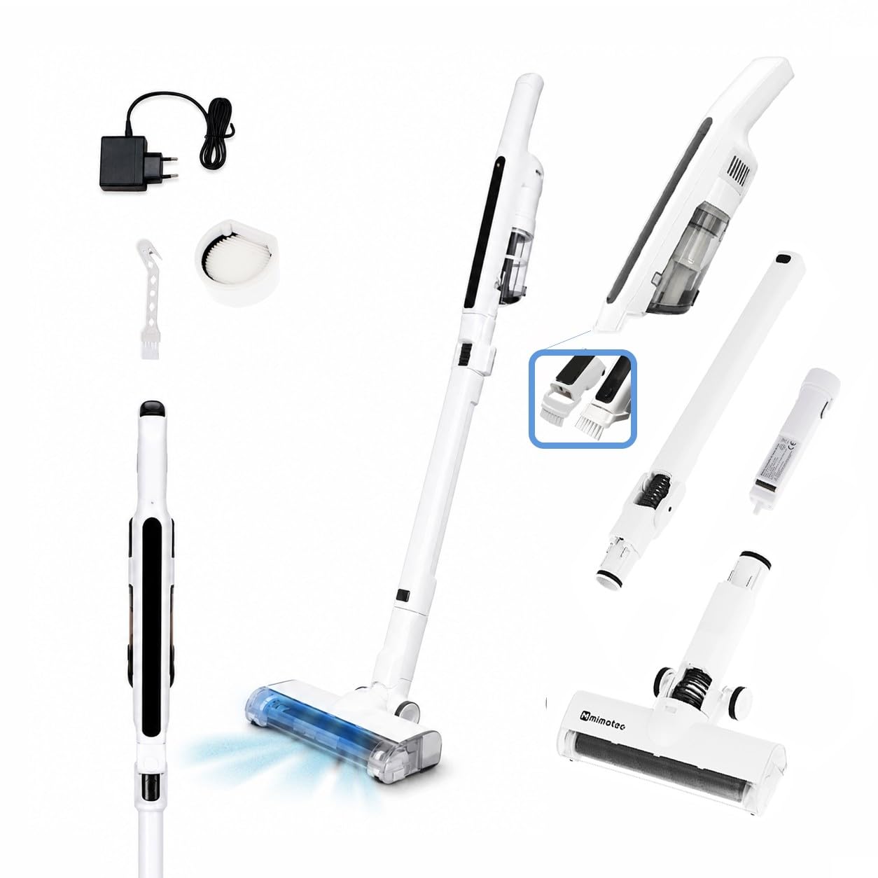 M mimotec Bezprzewodowy odkurzacz miotłowy Twist 11,1 V (Litio), 120 W, ssanie 14 kPa, przednie światło LED, bezworkowy, min, cichy <79 dB, w zestawie ładowarka i filtr