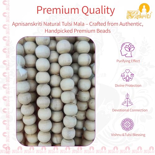 Image of Apnisanskriti Natural Tulsi Mala Holy Basil Prayer Beads 8mm 108+1 Beads Japa Mala Hand Knotted Rosary for Chanting Meditation Pooja Krishna Bhakti Men Women