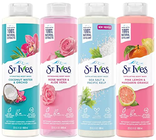 St. Ives Body Wash Variety Set Of 4, Sea Salt, Rose Water, Coconut Water, Pink Lemon And Mandarine, 22 Ounce Each #TOP1