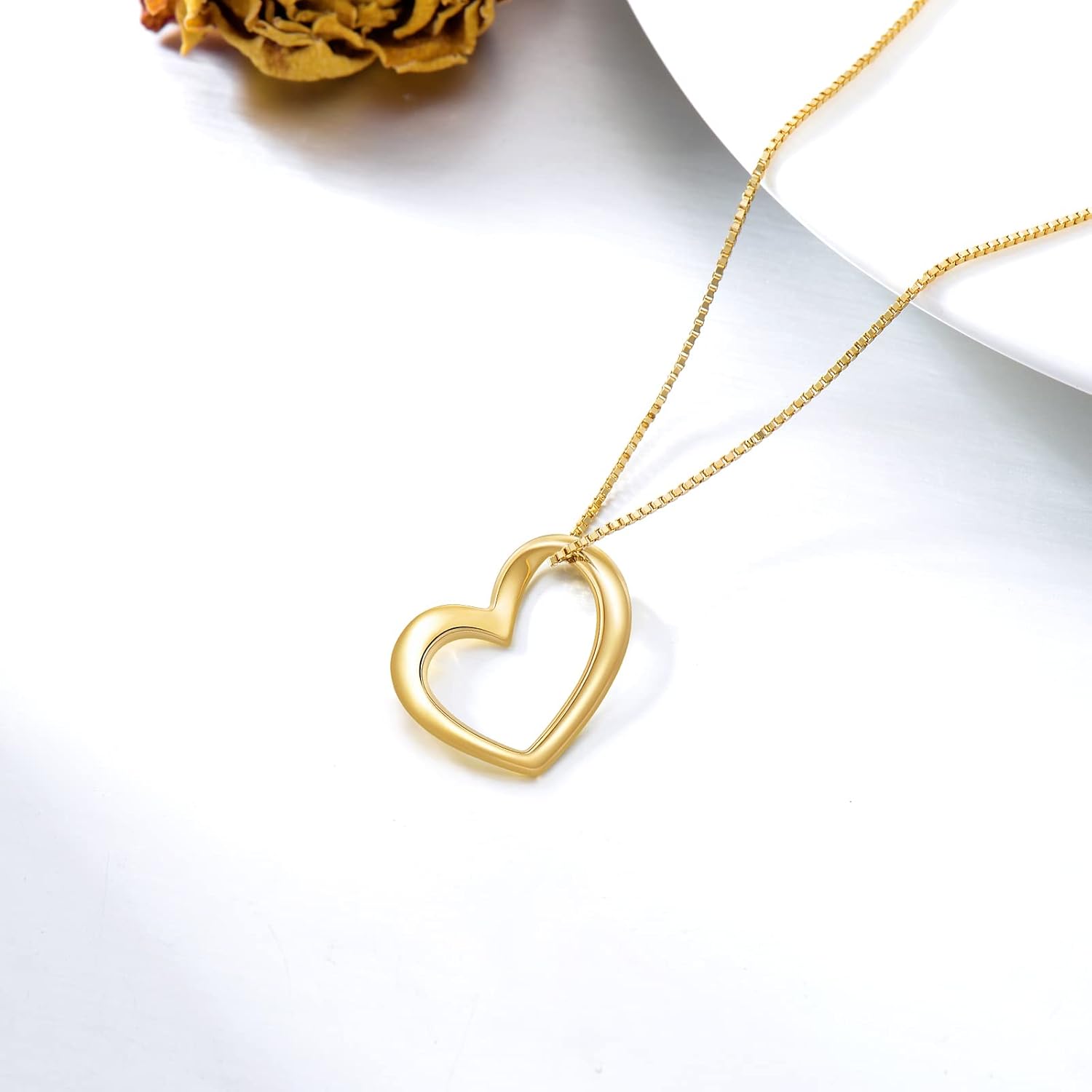 14k Gold Open Heart Necklace for Women, Real Gold Love Pendant and Box Chain Jewelry for Wife, Gifts for Her, 18 Inch