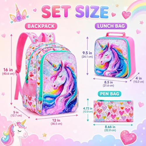 Image of CCJPX 3Pcs Unicorn Backpack for Girls, 16 inch Sequin Bookbag with Lunch Box, Lightweight Toddler School Bag for Elementary Kindergarten Preschool (Pink)