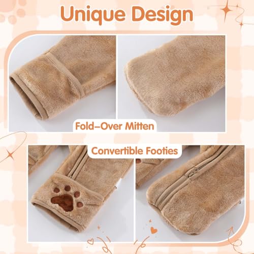 Image of Fairy Baby Newborn Baby Bear Outfit With Fold-Over Mittens Footies Thin Fleece Romper Hooded Jumpsuit Winter Coat Girls Boys