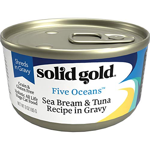 Image of Solid Gold Wet Cat Food Shreds in Gravy - Healthy Canned Cat Food Made w /Real Tuna, Sea Bream, Vitamins, Minerals & Taurine - Grain Free & Gluten Free Canned Meals for Cats & Kittens - 24ct /3oz Can