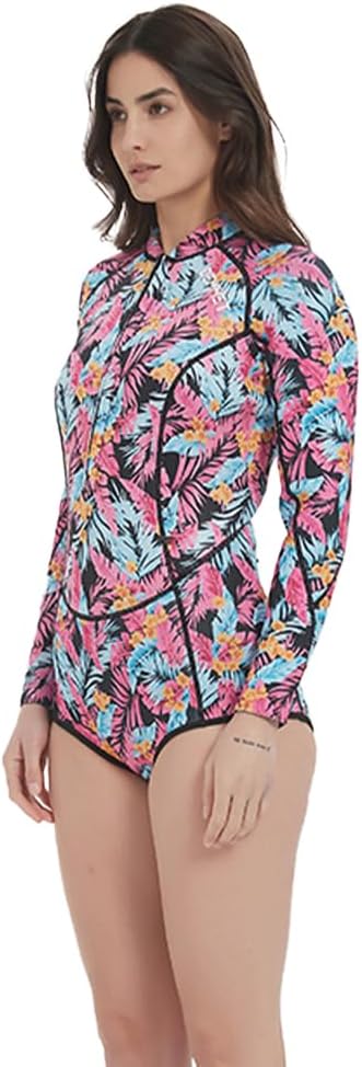 Women's Camouflage Bikini Wetsuit 1.5mm/3mm Long Sleeve One Piece Swimsuit with Front Zipper, Pink Printed Diving Suit for Swimming Snorkeling Water Sports