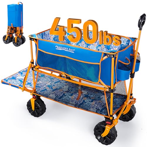 Old Bahama Bay 50 Inch Extra Long Beach Wagon with Big Wheels for Sand, Collapsible Utility Beach Cart Heavy Duty Folding Wagon,Ideal for Outdoor Sand Camping Garden Pet