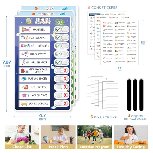 Image of 3 in 1 Bedtime /Morning /Daily Routine Chart for Kids, Magnetic Chore Chart for Kids with Cute Chore Stickers, Visual Schedule for Kids with Autism, Cute to Do List Checklist for Kids