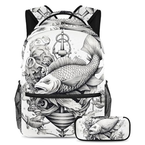 Sac à dos carpe chinoise vintage avec trousse grand format pour élève