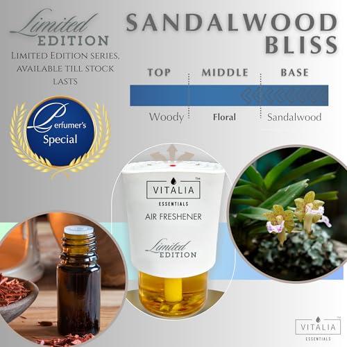 Image of Vitalia Essentials Air Freshener Refill Pack | Room & Bathroom Freshener Refill | 8X Concentrated Formula | 360-Degree Balanced Fragrance Release | Compatible with Other Machines (Sandalwood)