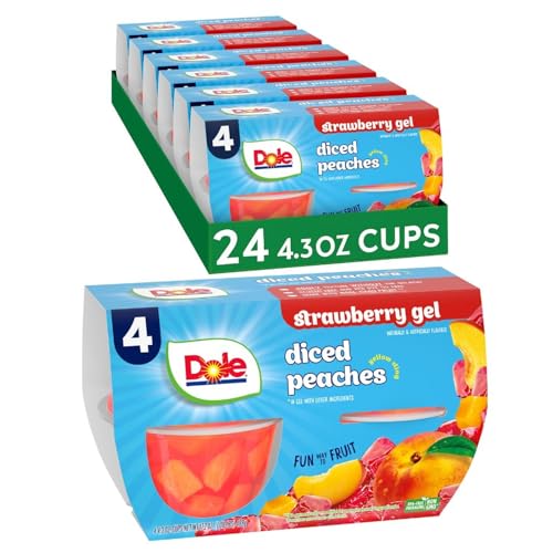 Dole Fruit Bowls Peaches in Strawberry Flavored Gel Snacks, 4.3oz 24 Total Cups, Gluten & Dairy Free, Bulk Lunch Snacks for Kids & Adults