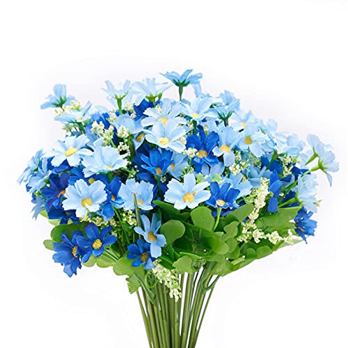 Artificial Flowers for Decoration 6 Bundles Fake Flowers Blue Silk Flowers with Stems Outdoor Artificial Plants & Flowers Faux Flowers Bulk Spring Daisy Farmhouse Fake Plants for Home Decor Indoor