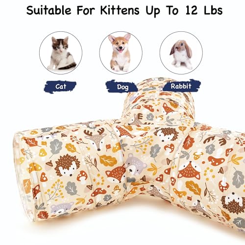 Image of Tempcore Cat Tunnel for Indoor Cats, 3 Way Collapsible Pet Play Tunnel with Teaser Wand, Peek Holes & Hanging Ball, Interactive Tube for Kittens & Rabbits, Beige Deer