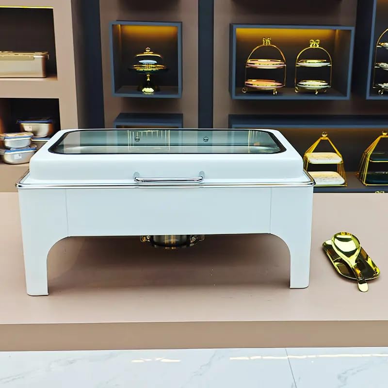 HONHPD New White 10QT Chafing Dish Buffet Set, Rectangular Chafing Dishes for Buffet with Glass Lid, Serving Utensils, Stainless Steel Chafers for Catering for Parties, Events, Wedding (Full Size)