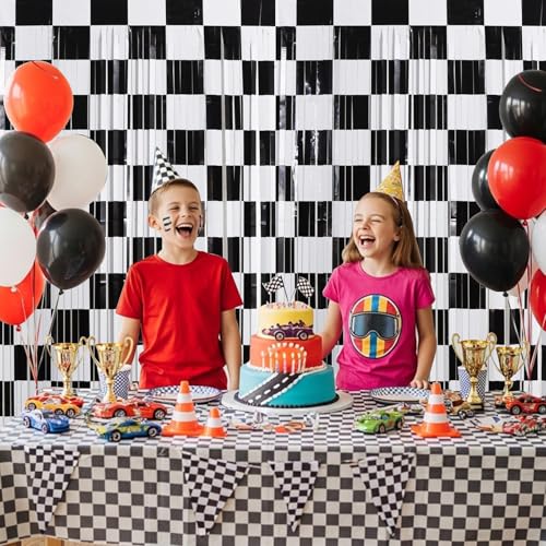 Image of TONIFUL 2 Packs Race Car Checkered Foil Fringe Curtains 3.3 x 6.6 ft | Black and White Metallic Tinsel Streamers Curtain Backdrop for Race Car Themed Birthday Sports Party Photo Booth Decorations