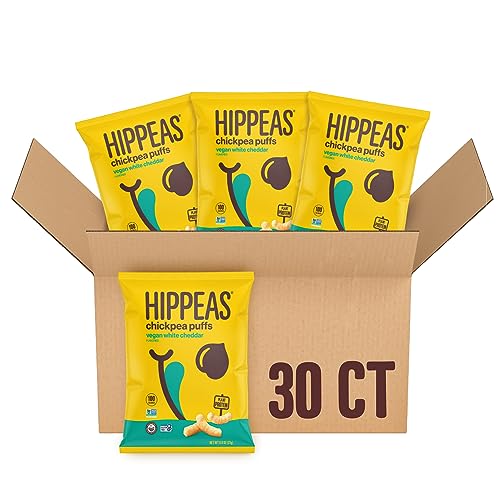 Hippeas Chickpea Puffs, Vegan White Cheddar, 0.8 Ounce (Pack of 30), 3g Protein, 2g Fiber, Vegan, Gluten-Free, Crunchy, Plant Protein Snacks