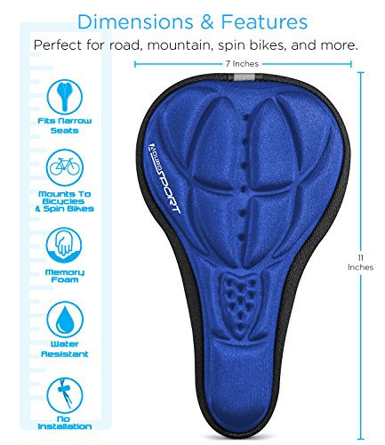 Aduro Sport Bike Seat Cushion Cover Pad with Memory Foam for Bicycle Narrow Seat Saddle, No Installation Needed, Bounce Free - Enjoy Longer Rides, Water Resistant (Blue)