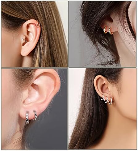 Josfeva 925 Sterling Silver Hoop Earrings, Hypoallergenic Huggie Hinged Unisex Small Hoops Earring Set for Women Girls, Silver/Gold/Rose Gold Sleepers Tiny Cartilage Hoop Earrings (10/12/14mm)