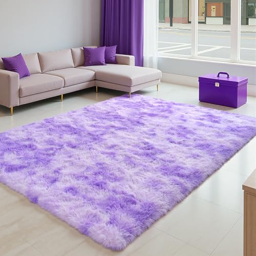 Zentavio Large Area Rugs for Living Room, 8x10 Fluffy Purple Rugs for Girls Room, Soft Shag Aesthetic Plush High Pile Throw Carpet for Bedroom Nursery Kids Room Dorm Room Tie-Dyed
