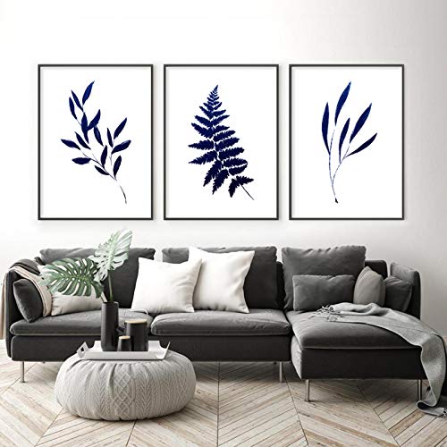 Affiche moderne toile peinture abstraite fougère bleu marine décoration murale triptyque 50x70