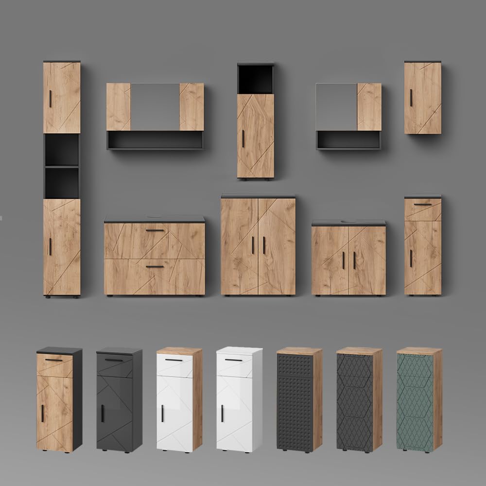 Livinity Badmöbel-Set Ronco, Goldkraft Eiche/Anthrazit, 3 Teile, mit Spiegelschrank 80 cm