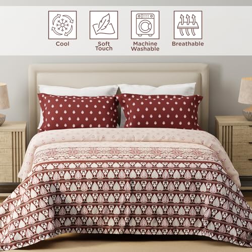 Image of Layers 100% Cotton for King Size Bed | 120 TC Ethnic Print, Soft, Breathable, Machine Washable Bedsheet with 2 Pillow Covers | Forever Collection (274 x 274 cm) - Red & White
