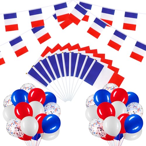 BBTO Set de Drapeau Français avec Guirlande de Bannière Fanion de Drapeau de France 10 Petits Drapeaux à Main 30 Ballons pour Décoration de Fête à Thème Patriotique (France)