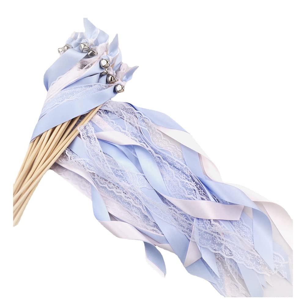Yurosiay 50 Unidades de Cascabeles de Pared para Boda Varitas Mágicas con Cinta de Satén de Colores Encaje Blanco Serpentinas de Boda Varillas de Hadas Varillas de la Suerte Color Azul