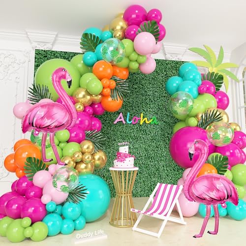 Ouddy Life 169pcs Tropical Balloon Arch Garland Kit Luau Hawaiian Hot Light Pink Lime Green Orange Blue Gold Flamingo Balloons with Palm Leaves for Aloha Summer Beach Pool Birthday Party Decorations