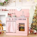 MAMIZO Wooden Play Kitchen for Kids, Toy Kitchen with Ample Storage, Interactive Kids Kitchen with 5 Pcs Cookware, Simulated Gas Cooker, Clicking Knobs, Faucet, Educational Clock for Ages 3+ (Pink)