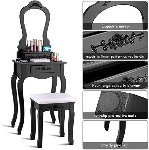 Tocador de Maquillaje Negro con Espejo Redondo y Taburete de Madera MU 4