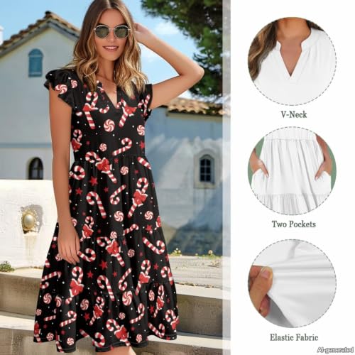 Image of Womens Summer Dress Ruffle Sleeve V Neck Dress Casual Fit Flowy Beach Vacation Sundress with Pocket S-2XL