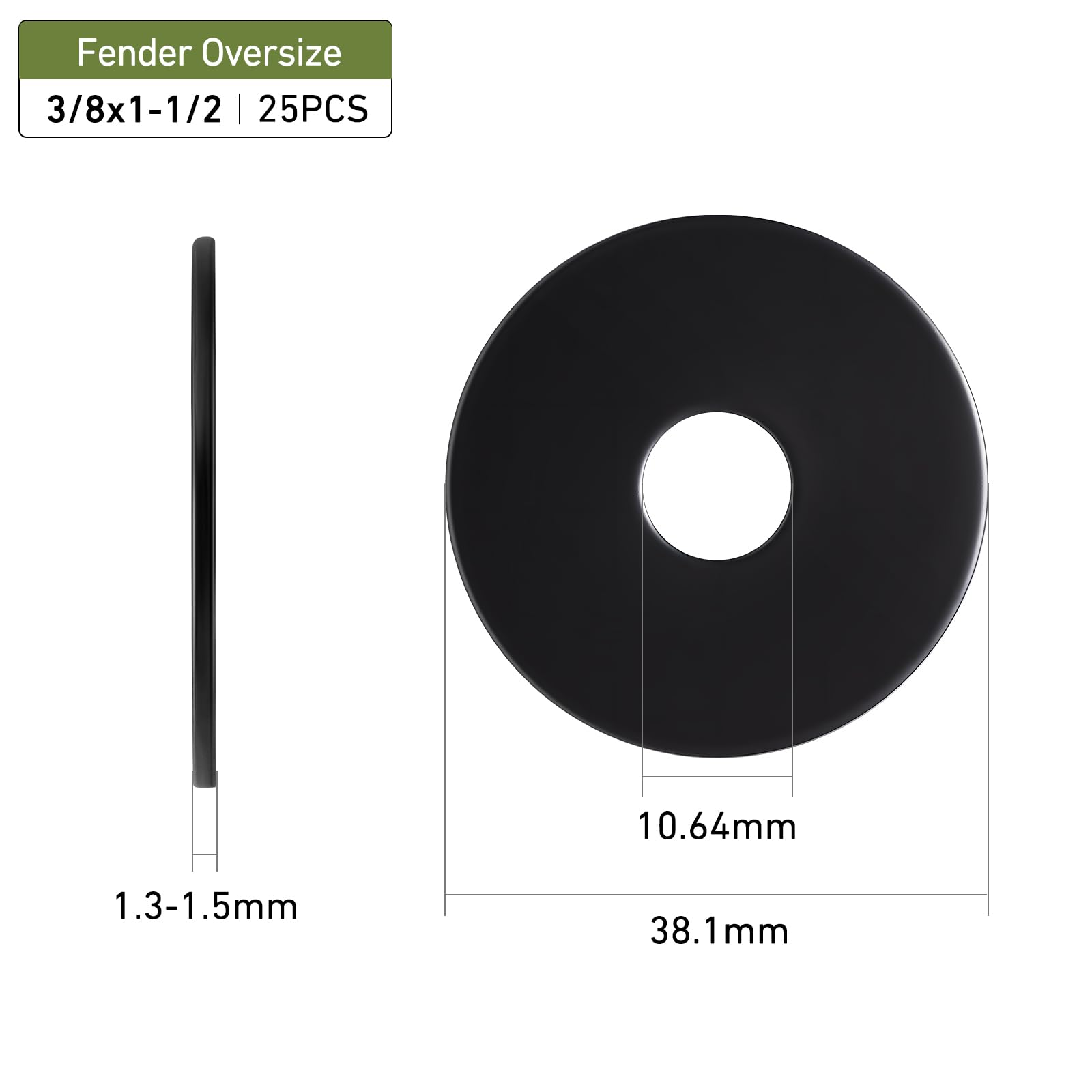 25PCS 3/8" x1-1/2 Fender Washers, Black Oxide 304 Stainless Steel 18-8, 3/8" ID x 1-1/2" OD Hardware Flat Washers for Screws Bolts - 3