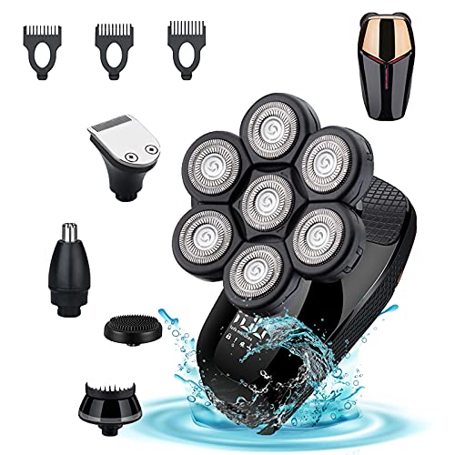 Upgrade 7 Heads Shaver Electric Razor for Men, NIUCOO 5 in 1 Rotary Beard Bald Trimmer Clean Grooming Kit Dry 7D Floating Skull Shaves Clippers Men's Nose Hair USB Rechargeable IPX6 LED, Black Gold
