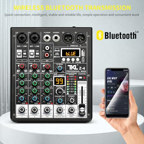 TKLBLS 4 Channel Audio Mixer, Professional DJ Mixer Sound Board Mixing Console with 99-Bit DSP Effect, Bluetooth USB Interface Stereo Mixer Board with 48V Phantom Power For Recording Live Stream - Thumbnail 4