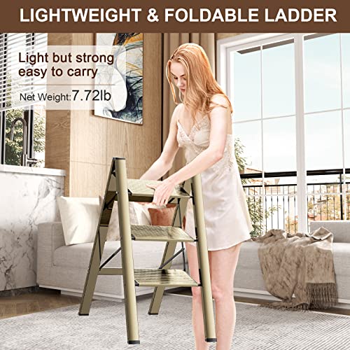 3 Step Ladder Aluminum Lightweight Folding Step Stool Wide Anti-Slip Pedal 330 Lbs Capacity Household Office Portable Stepladder,Champagne Gold #TOP4