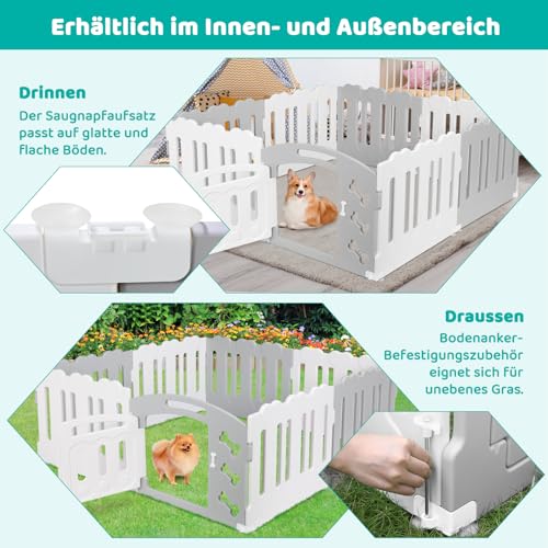 MAMIZO Welpenauslauf 60CM Hoch Welpenlaufstall, Laufstall Hund 7+1 PCS Platten, Plastik Welpenzaun, Hundeauslauf mit Tor, Inkl. Saugnäpfe & Erdanker, Drinnen Hundelaufstall für Wohnung, Grau-Weiß