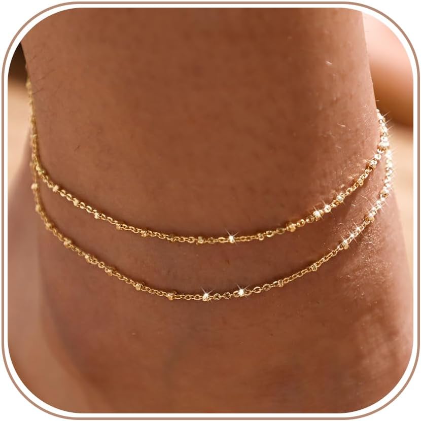 Gold/Silver Ankle Bracelets for Women,14K Gold Anklets for Women Waterproof Cuban Link Heart Beads Herringbone Rhinestone Anklets Set Layered Anklet Bracelets for Women Gold Jewelry Gift