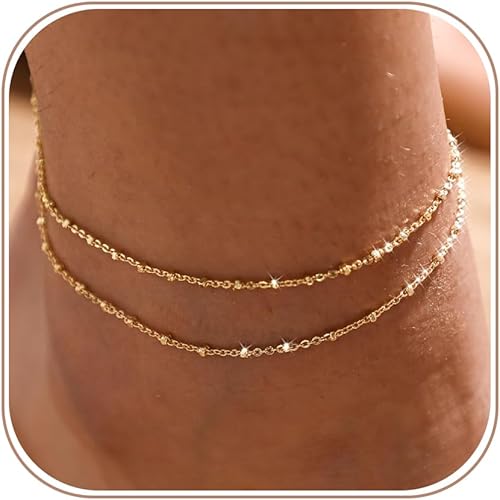 MIDEEO Gold/Silver Ankle Bracelets for Women,14K Gold Anklets for Women Waterproof Cuban Link Heart Beads Herringbone Rhinestone Anklets Set Layered Anklet Bracelets for Women Gold Jewelry Gift