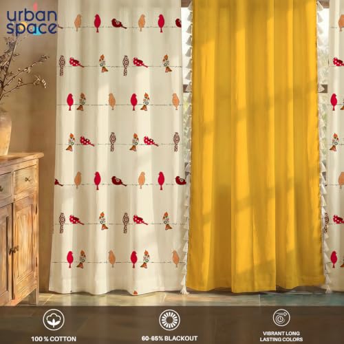 Image of Urban Space 100% Cotton Solid Curtains For Door, Combo Set Of 3 Curtains 8 Feet Long, 60-65% Room Darkening Curtain, Tieback & Eyelets Included With Curtain For Home Decor (Humming Bird Red, 8 Feet)