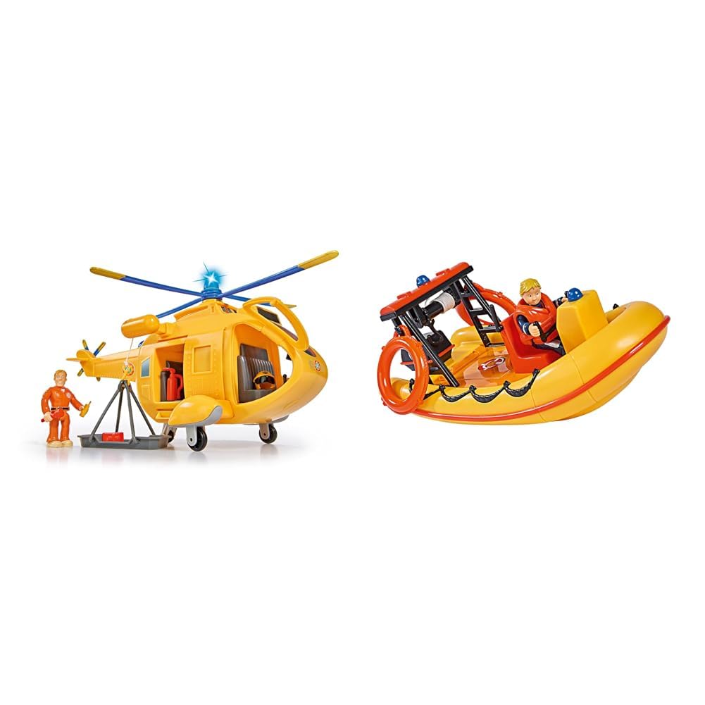 Simba 109251002 - Feuerwehrmann Sam Hubschrauber Wallaby II, mit Tom Thomas Figur, 6 Sitzplätze, 34cm & Feuerwehrmann Sam Neptune Boot, mit Penny Figur im Tauchoutfit, 20cm