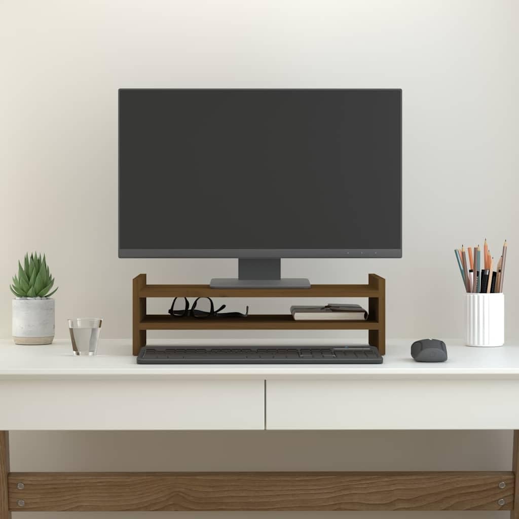 Stojak na monitor miodowo-brązowy z litego drewna sosnowego, 50 x 27 x 15 cm, z półką na klawiaturę i zarządzaniem kablami, do pracy, biura, biura domowego, jako organizer i uchwyt na