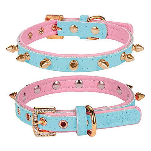 LOVPE Cat Collar/Dog Collar Golden Spiked Studded Double Layer Leather Pet Collars with Golden Rhinestone Buckle for Cats Puppy Small Medium Dogs (Blue/Pink, XS)