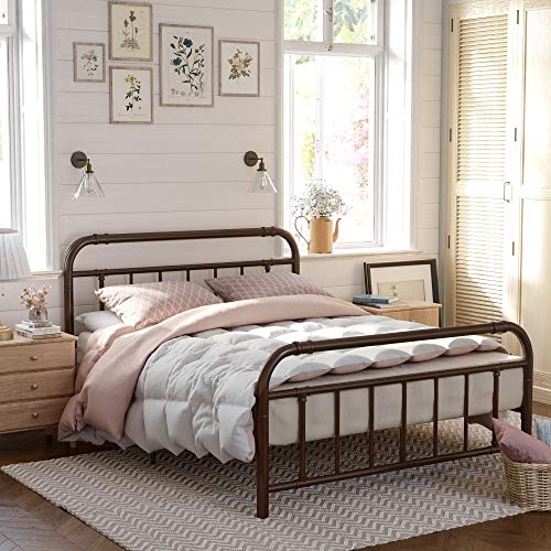 Image of VASAGLE Metal Headboard and Footboard, Pipe Frame, No Box Spring Needed Platform, Under-Bed Storage, Industrial Vintage Style, Queen Size, Brown URMB034BR