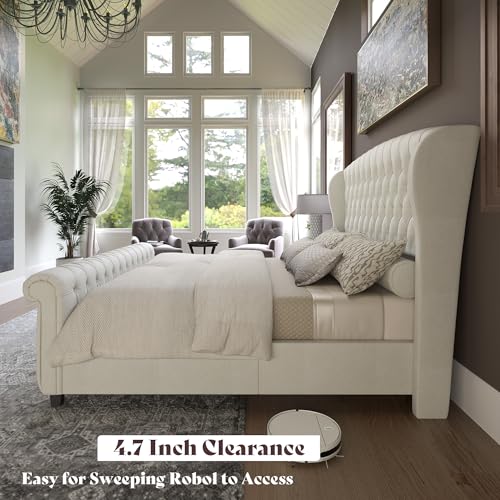 Image of AMERLIFE California King Size Platform Bed Frame, Velvet Upholstered Sleigh Bed with Scroll Wingback Headboard & Footboard /Button Tufted /No Box Spring Required /Cream