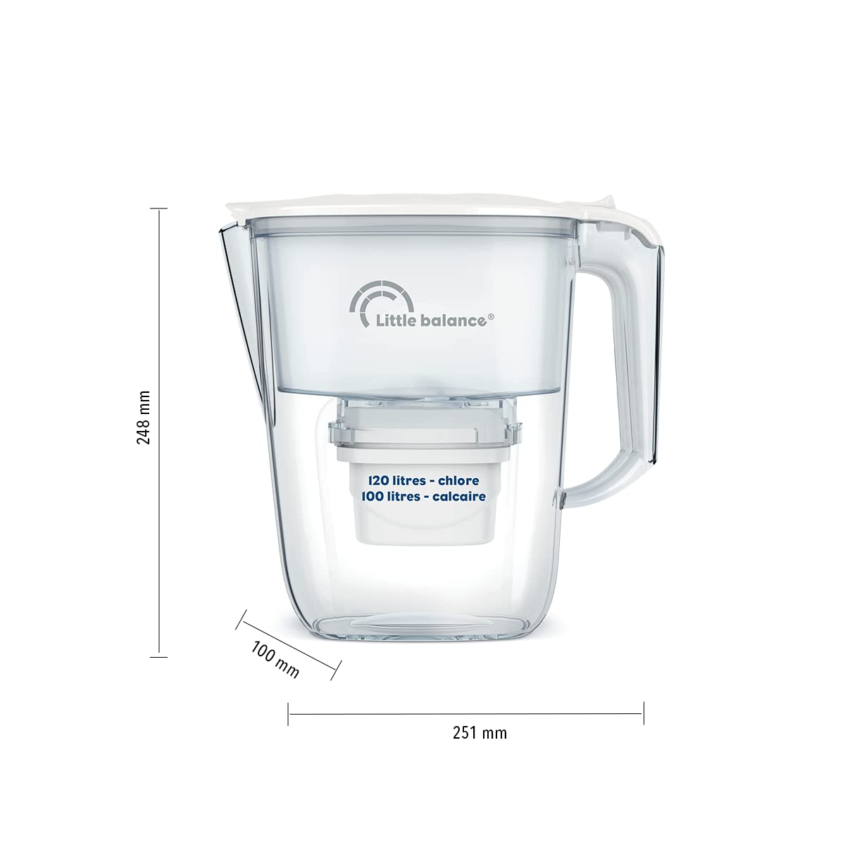Carafe Filtrante Claire + 3 cartouches LITTLE BALANCE - 8592 - Réduit microplastiques, chlore, calcaire, 2,5 l, Débit ultra ra