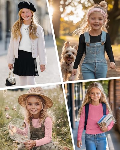 Image of 4 Pack Girls Long Sleeve Shirts Ribbed Knit Cotton Crewneck Tops Slim Fit Soft Casual Kids Base Layer Undershirts