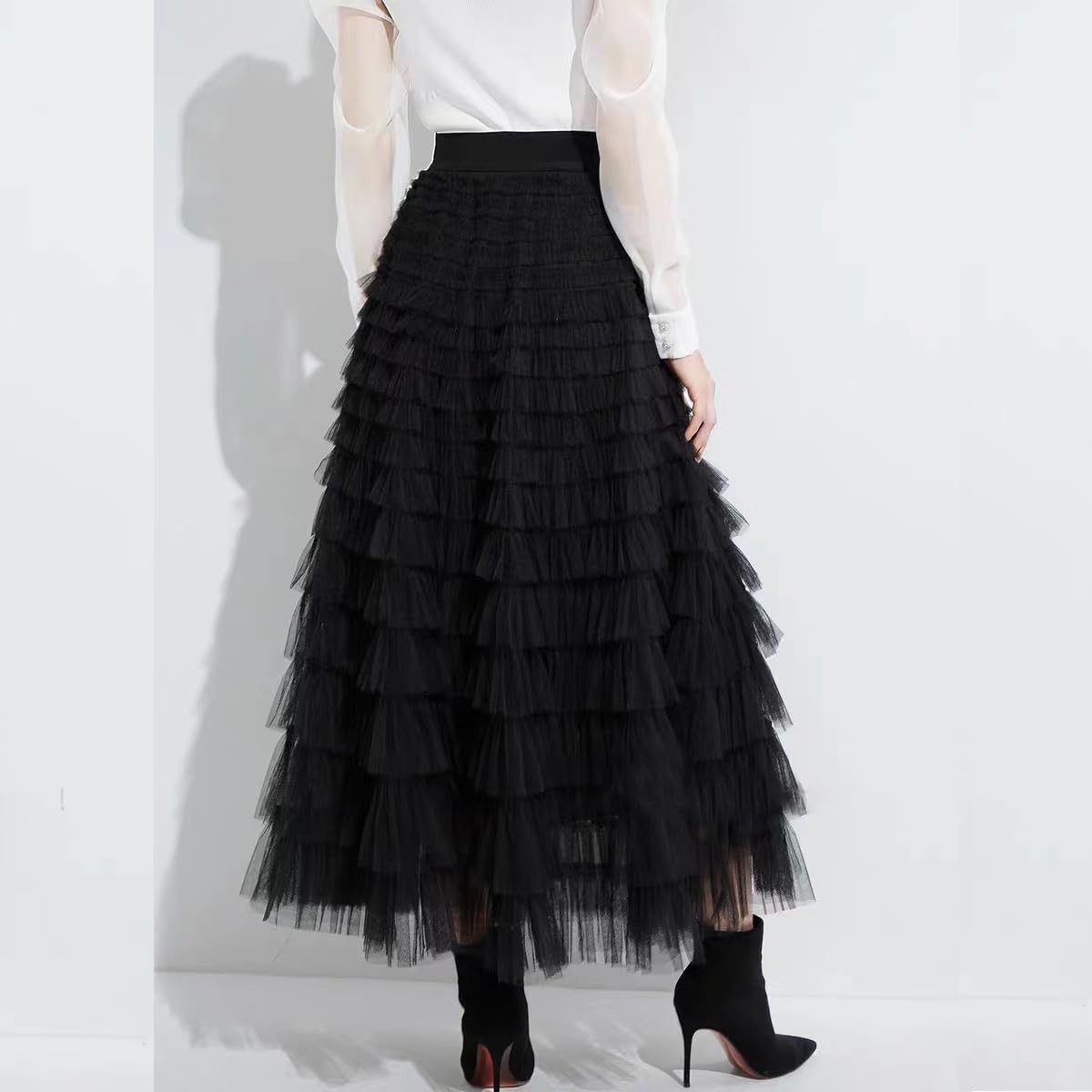Women’s Layered Ruffles Tulle Skirt Pleated High Waist Fluffy Maxi Skirt Fairy Cake Dress Long Tutu Party Skirt - Image 3
