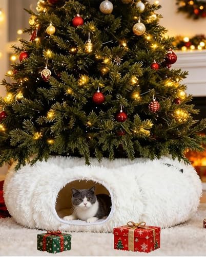 Grelife Cat Tunnel Bed for Indoor Cats, Large Cat Tunnel Christmas Tree Skirt, Cat Donut Tunnel Toys with Soft Plush, for Cats, Kittens, Small Pets(33.52