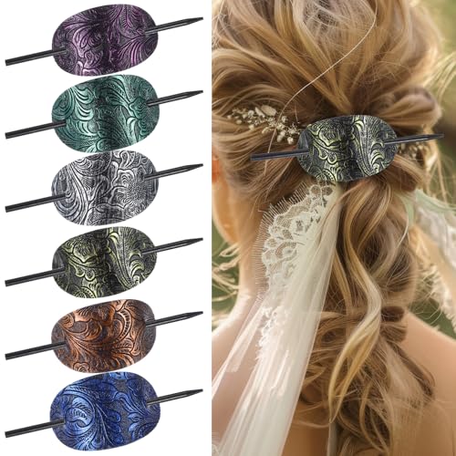 cobee 6 Pcs Leather Hair Barrettes with Stick, Handmade Hairpin