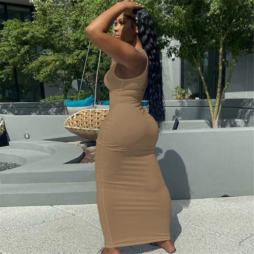 Image of Nimsruc Women Casual Sexy Deep U Neck Tank Top Bodycon Dress Summer Sleeveless Wrap Long Basic Party Club Maxi Dresses