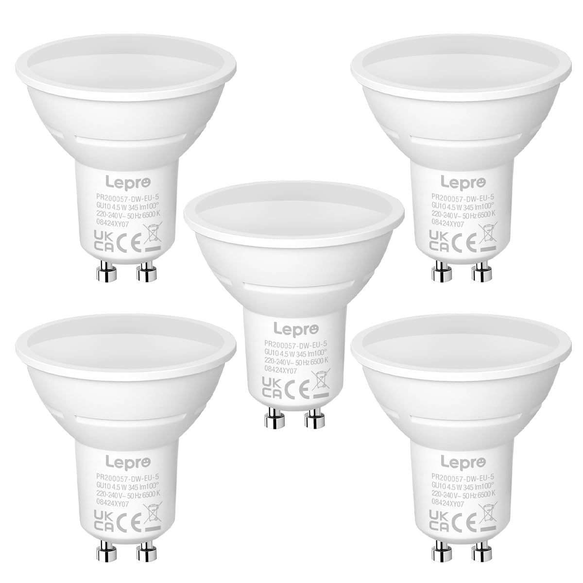 Lepro GU10 LED Bulbs, Cool White 6500K, 4.5W 345lm Energy Saving Light Bulbs, 50W Halogen Spotlight Equivalent, 100° Beam Angle, Daylight White, AC 220V-240V, Non-dimmable, 5 Count (Pack of 1)